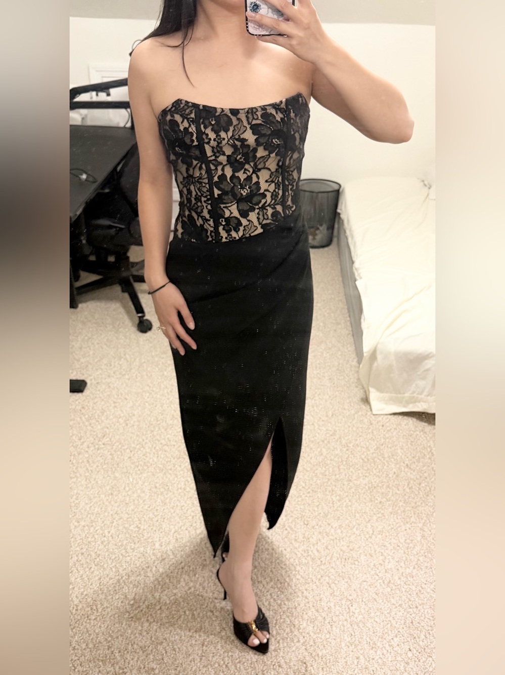 SHEIN Black Lace Corset Strapless Midi Dress w/ Front Slit - Picture 2 of 6